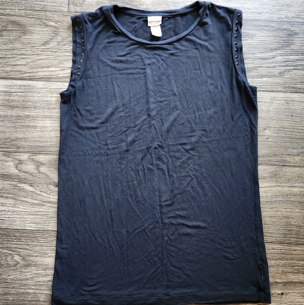 Diesel Black Studded Sleeveless Tank Top Crew Neck Size M